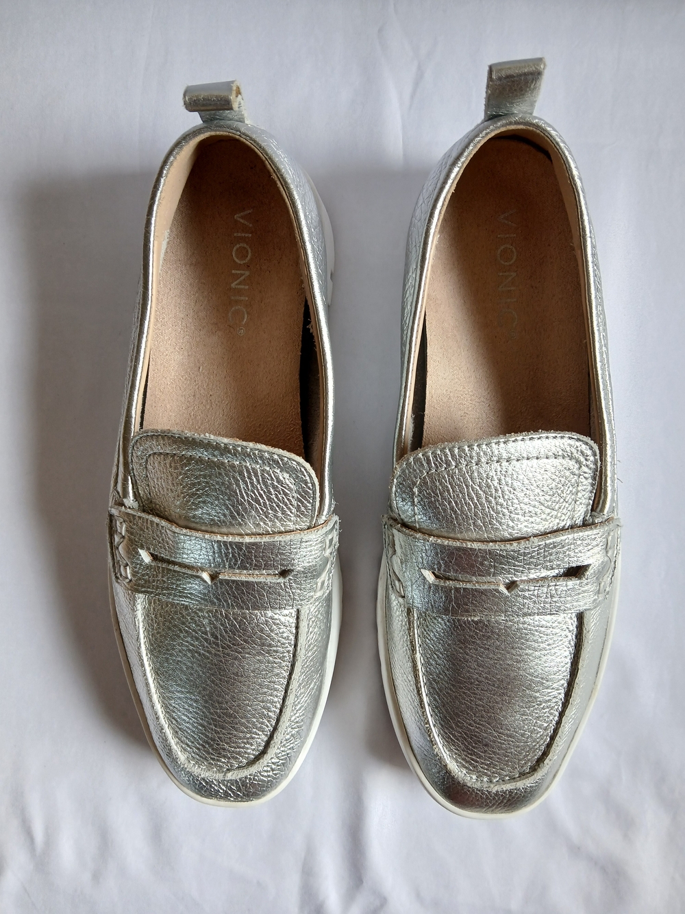 Vionic Metallic Silver Leather Penny Loafers
